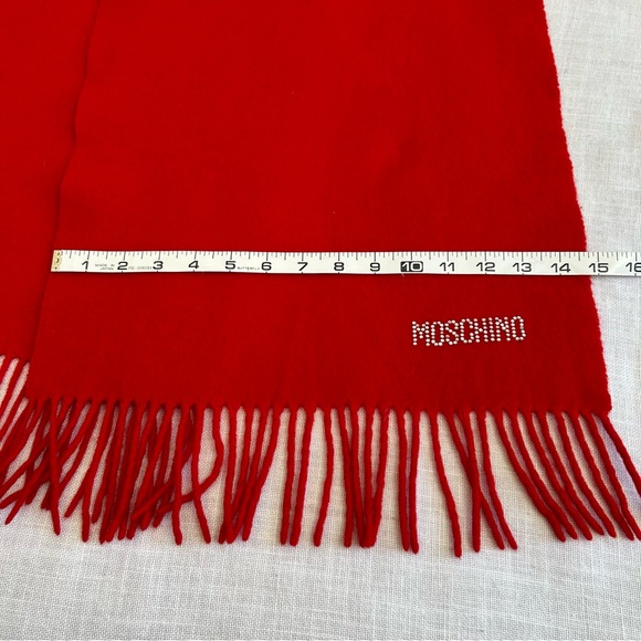 •Moschino Oversized Red Wool Rhinestones Logo Fringed Scarf 68”x14”Made in Italy - Picture 6 of 10